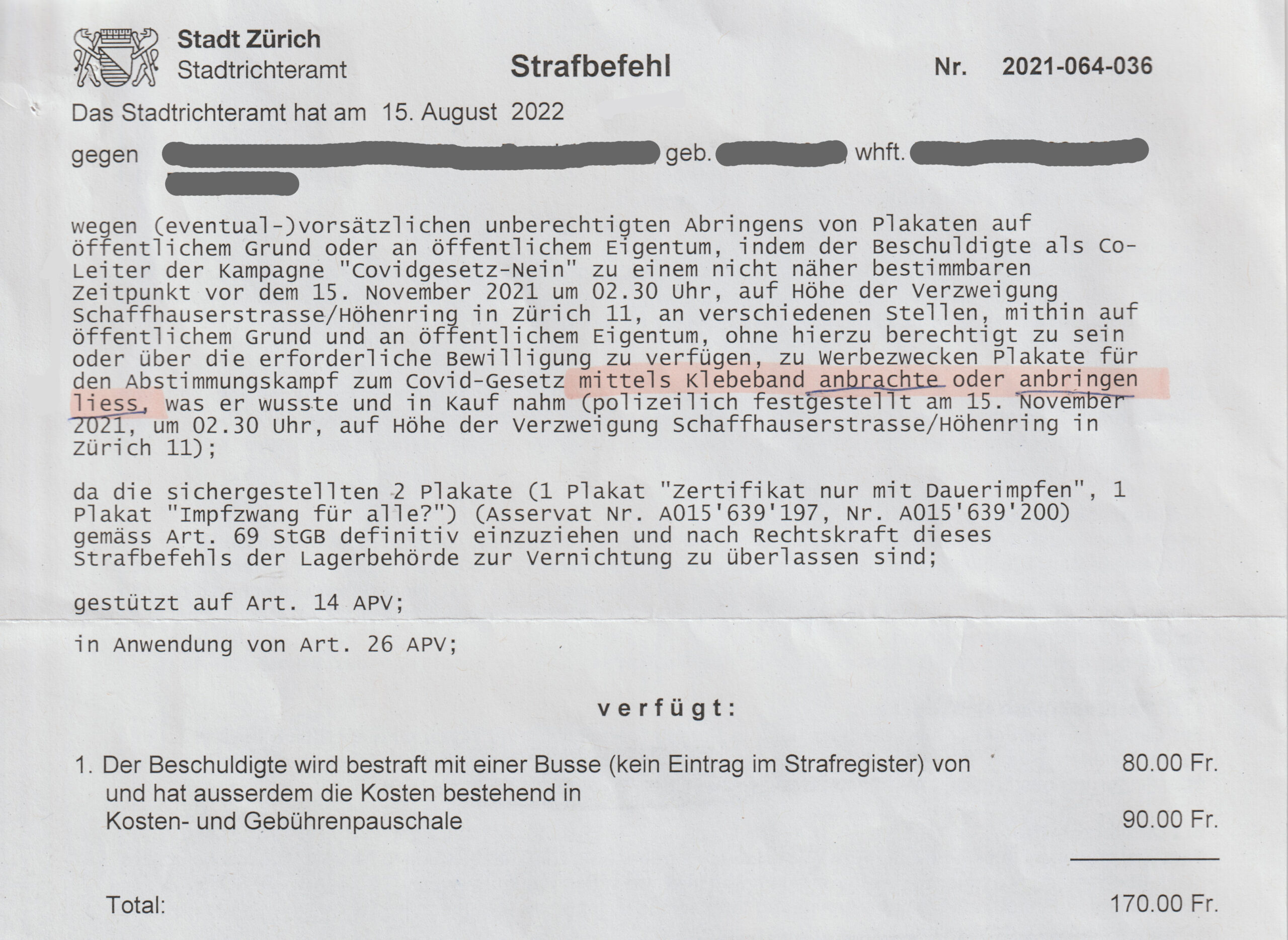 Strafbefehl Stadtrichteramt