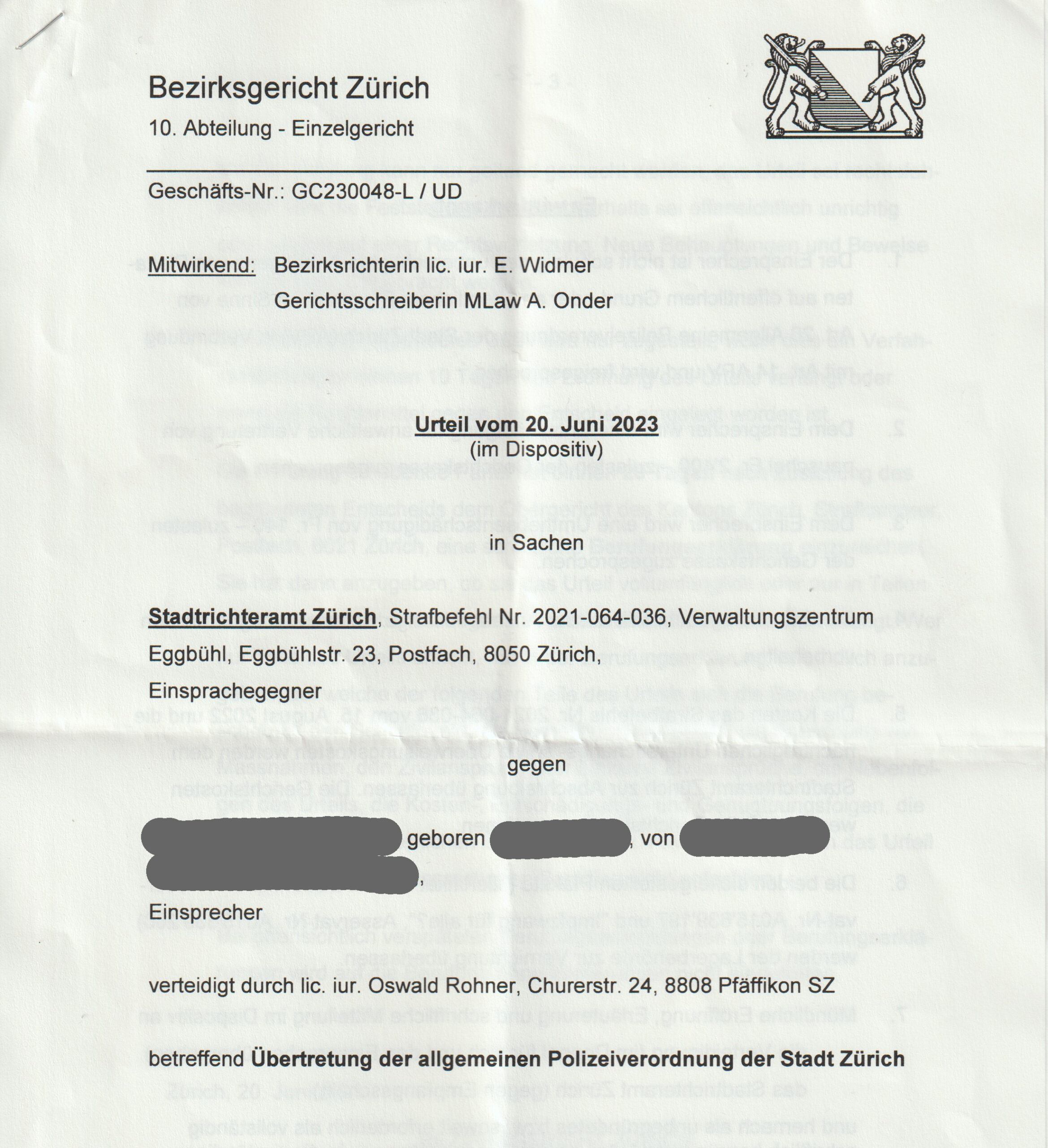 Bezirksgericht Zürich Urteil vom 23. Juni 2023 im Dispositiv