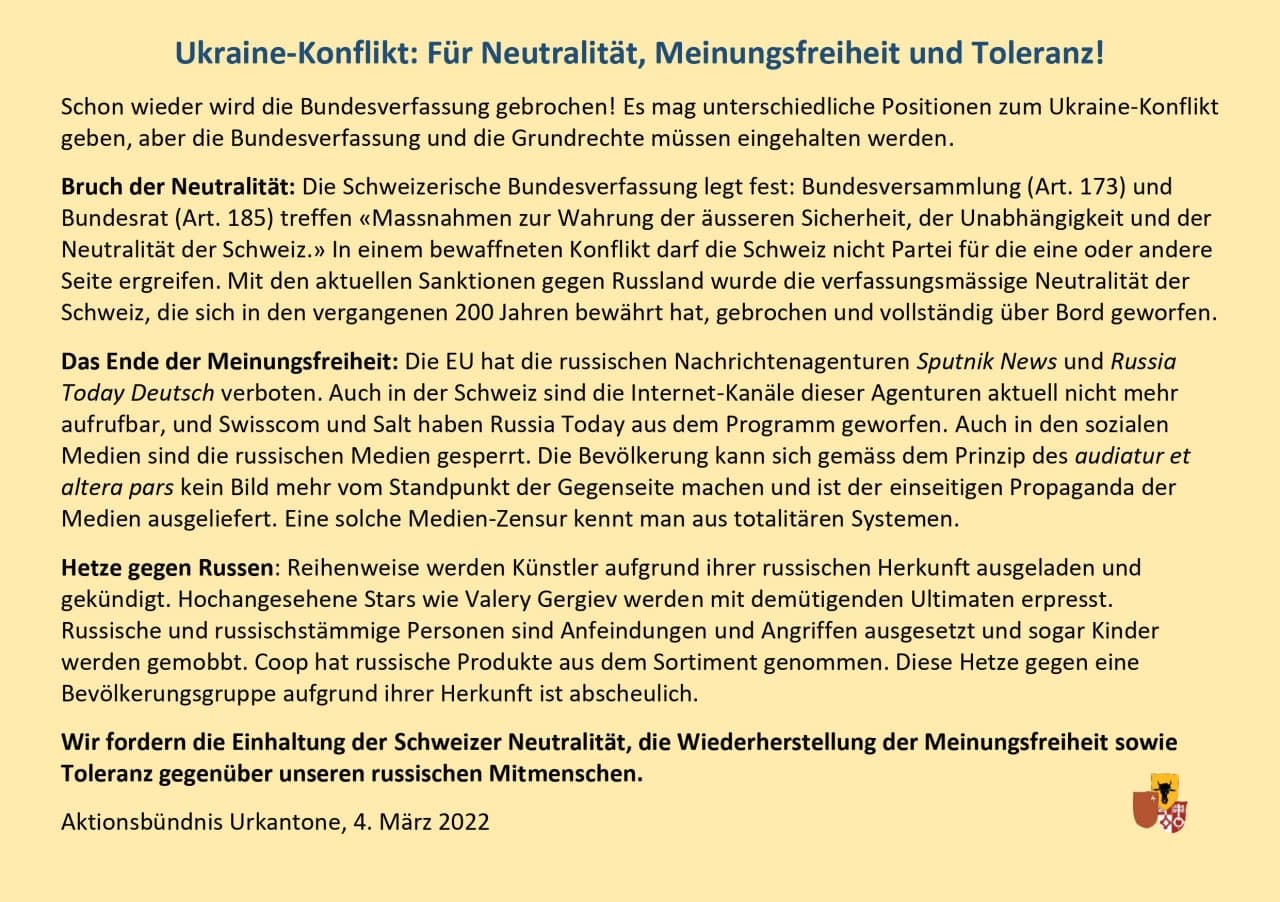 Nachtrag: Zum Vergleich die Neutralitätserklärung der Schweiz von 1939