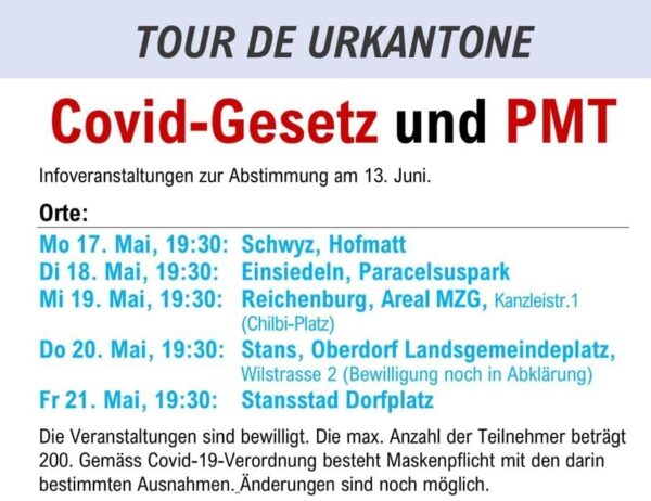 Kundgebungen und Infoveranstaltungen in den Orten Schwyz, Reichenburg, Einsiedeln, Stans, Stanstad und Altdorf. Der Zuspruch aus der Bevölkerung und die Dankbarkeit für unser öffentliches Einstehen gegen die Corona-Massnahmen war überwältigend und ist es bis heute geblieben.